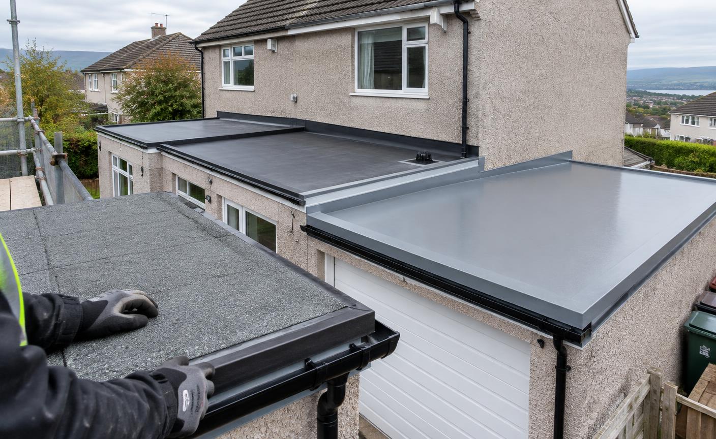 Felt, EPDM and GRP flat roof finishes on Scottish garages and extensions
