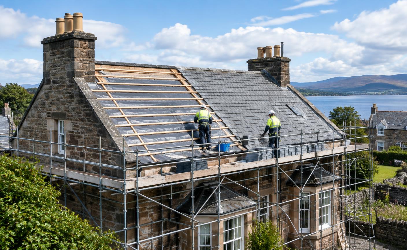 Scottish slate roof being renewed with membrane and battens on safe scaffolding