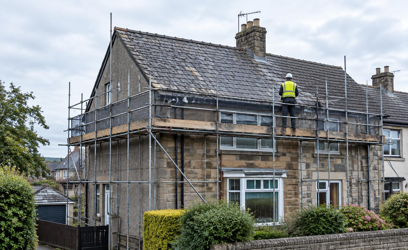 Roofer inspecting a weathered slate roof from safe scaffolding near Bathgate