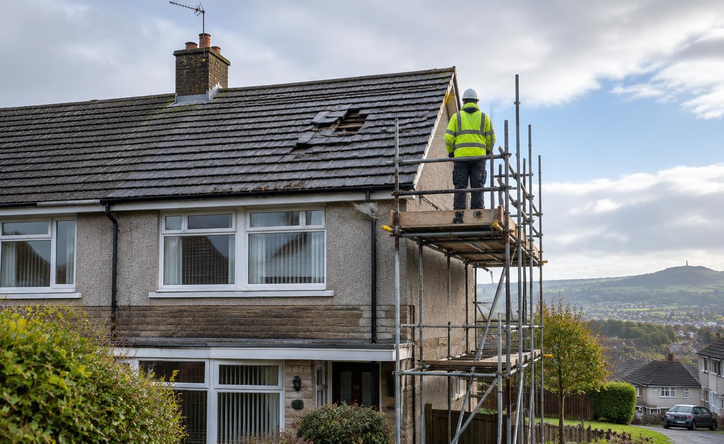 Roofer safely assessing storm-damaged tiles from protected scaffolding in West Lothian